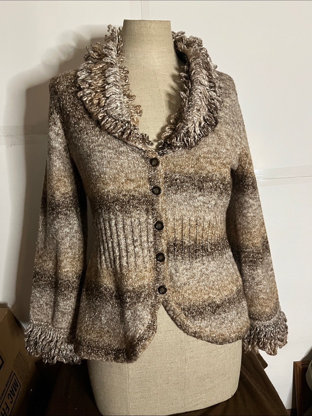 😀fringed cardigan knit sweater buttons looped fringe boho